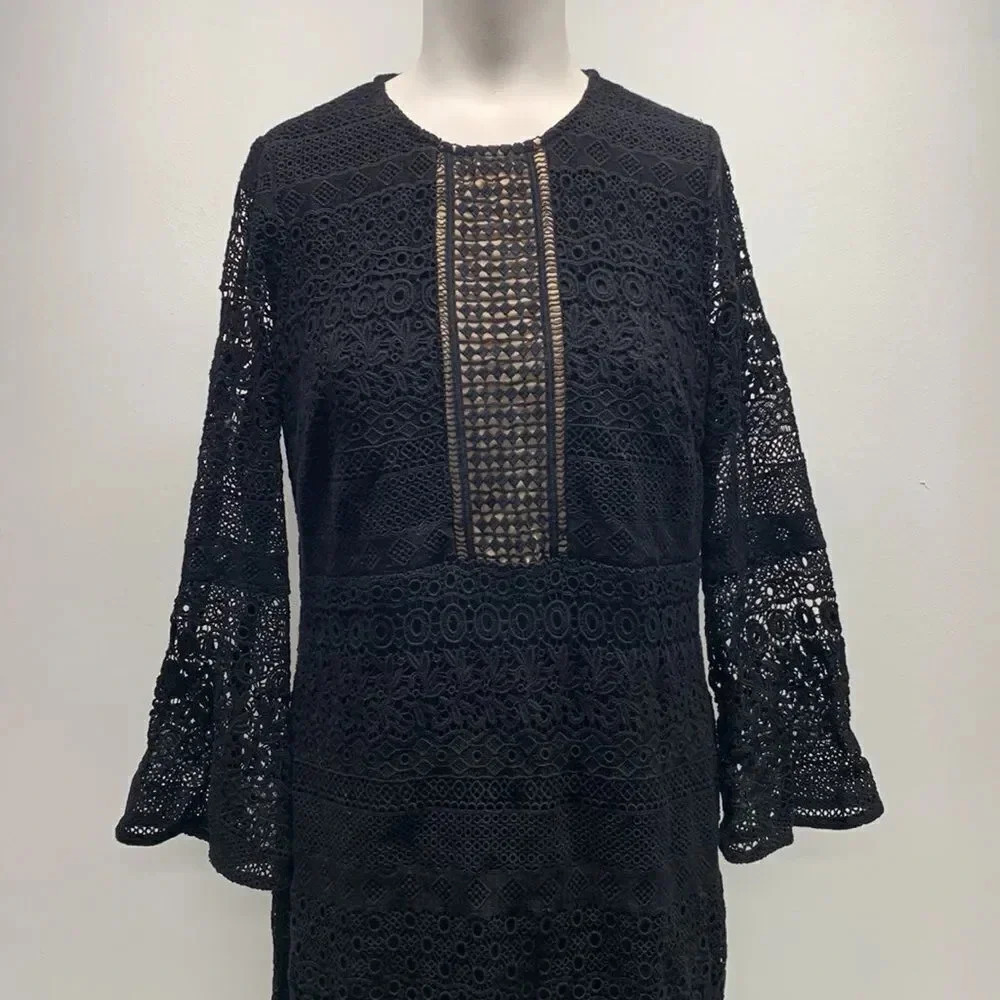 Shoshanna Gabby Dress Mini Mosaic Lace Semi Sheer See Thru Black Nude Size 8 - Picture 3 of 12